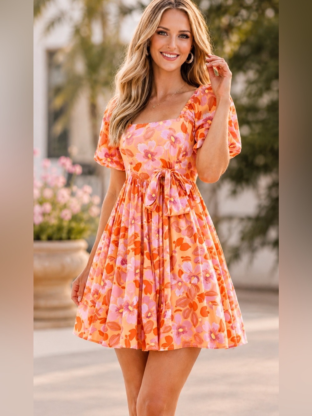 Floral Puff Sleeve Mini Dress Orange Pink Cottagecore Romantic Bow Back Size S